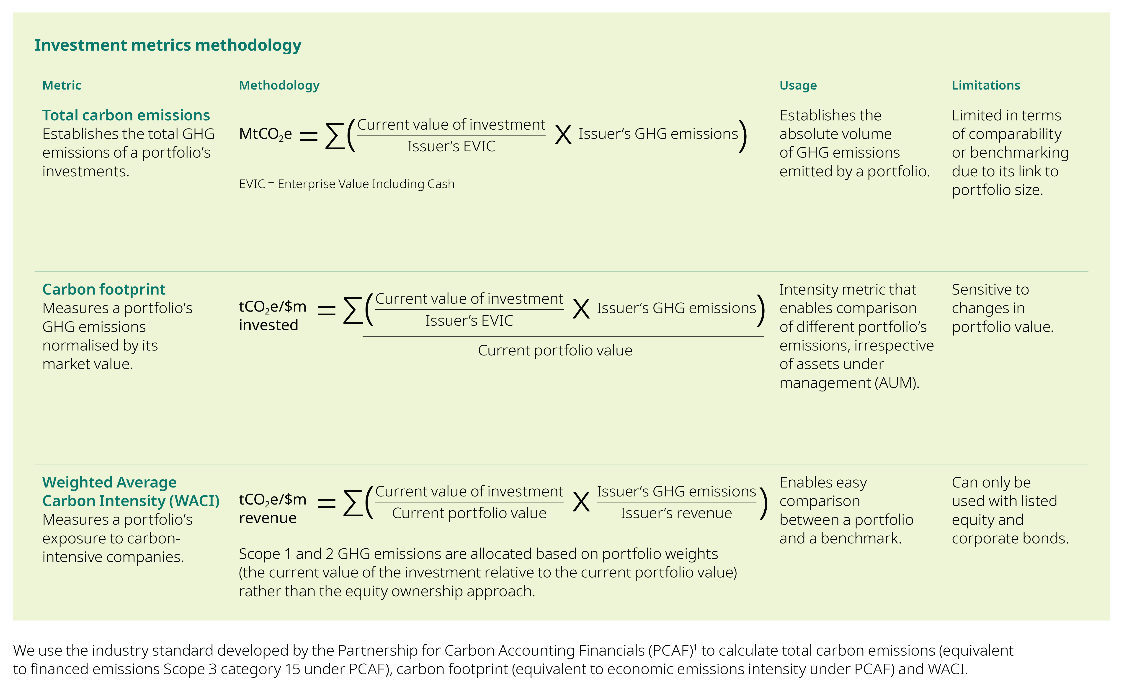 Table detailing investment metrics methodology for total carbon emissions, carbon footprint, and weighted average carbon intensity, including formulas and limitations.