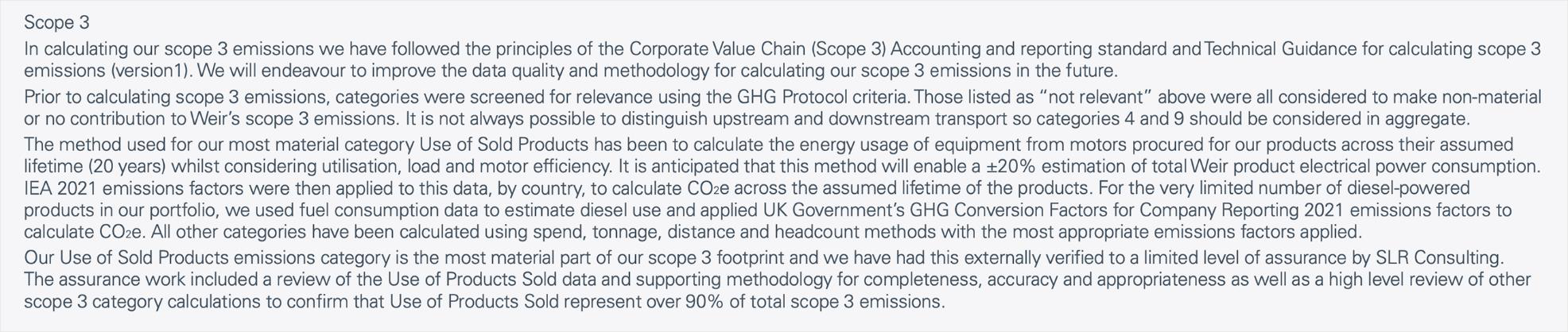 Text describing the methodology for calculating scope 3 emissions, including categories, methods, and assurance processes.