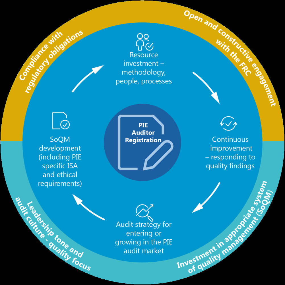 Circular process diagram illustrating 5 steps for PIE Auditor Registration, including resource investment, continuous improvement, system investment, audit strategy, and SQM development.