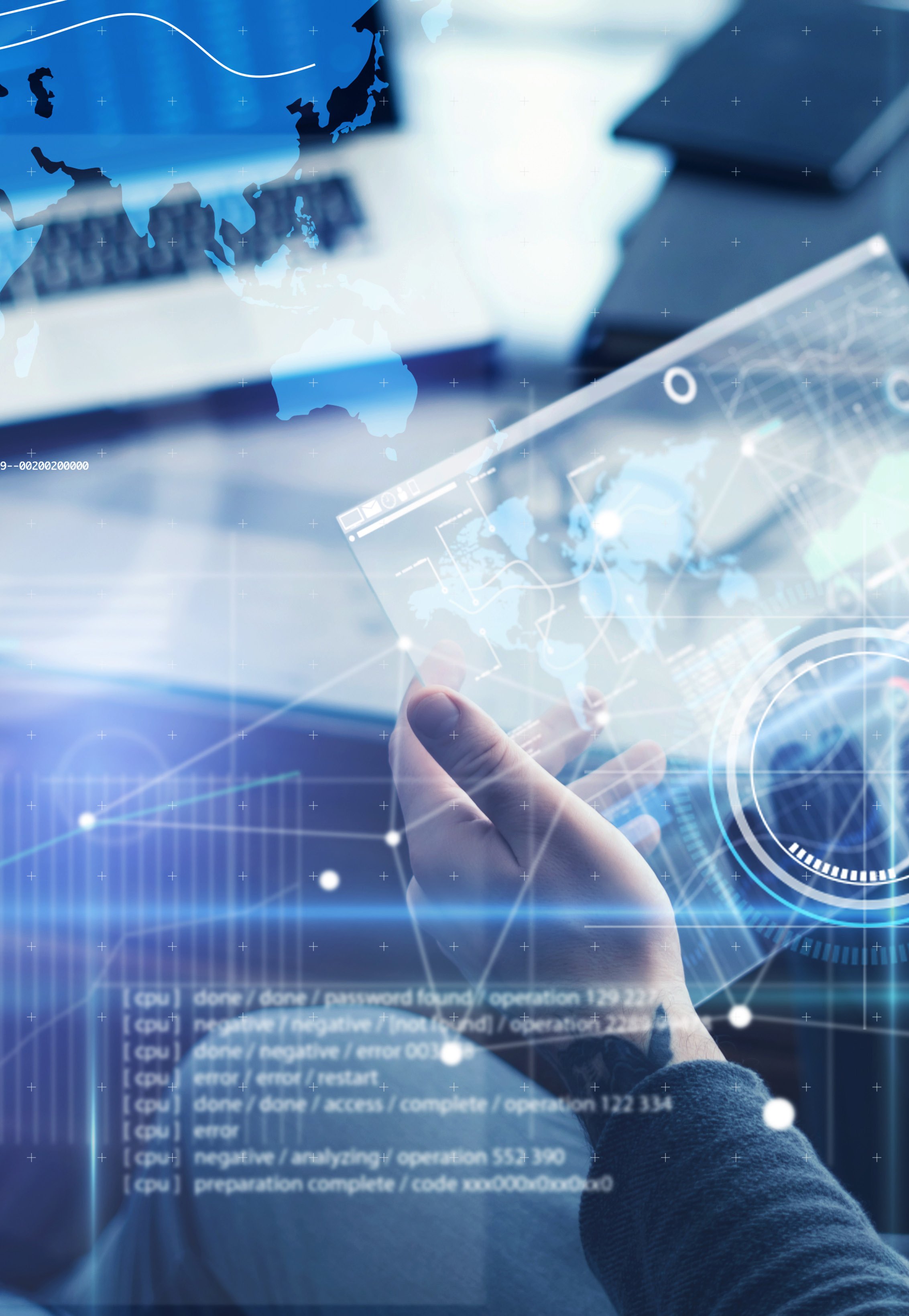 Person holding a transparent tablet with a holographic world map and data, representing global technology and information.