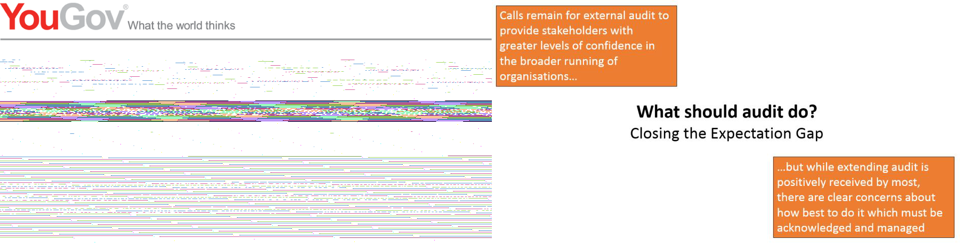 Slide title 'What should audit do? Closing the Expectation Gap' with two text boxes discussing the need for external audit to build stakeholder confidence and concerns about extending audit.