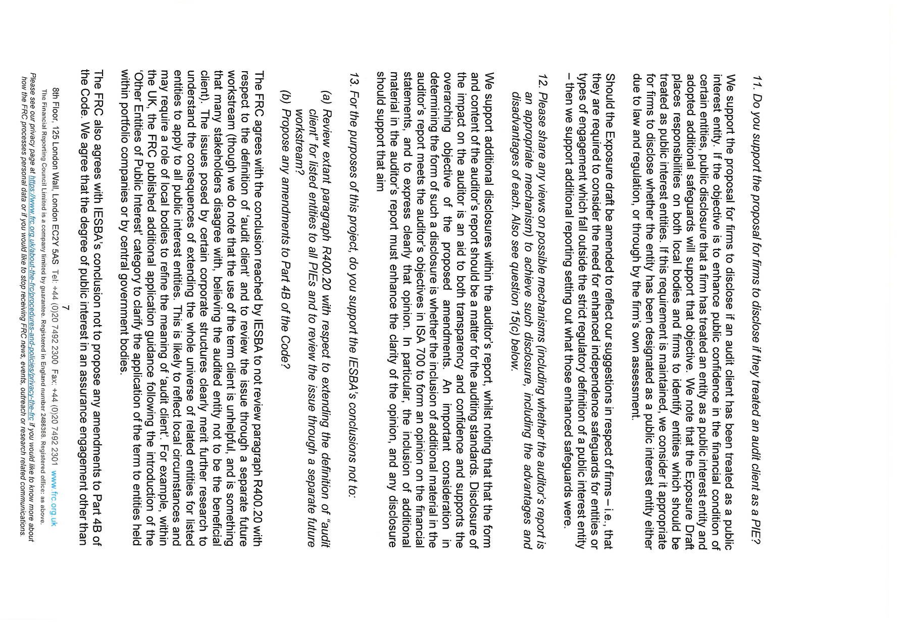 Page from the FRC document discussing proposals for disclosure, auditor reports, and 'audit client' definition.