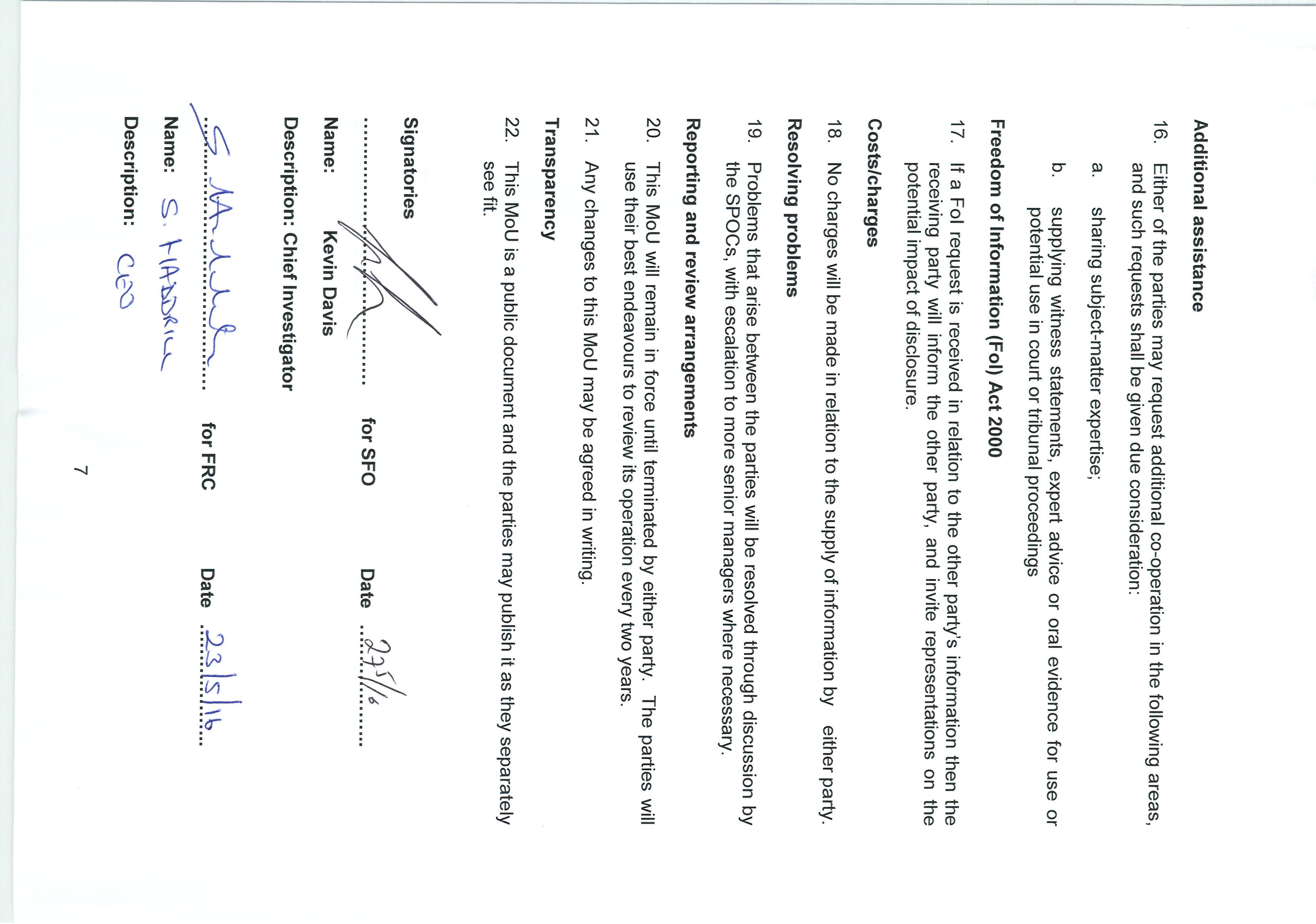 Signatures for SFO and FRC representatives, S. Haden and Kevin Davis, with handwritten dates 23/3/16 and 22/3/16.