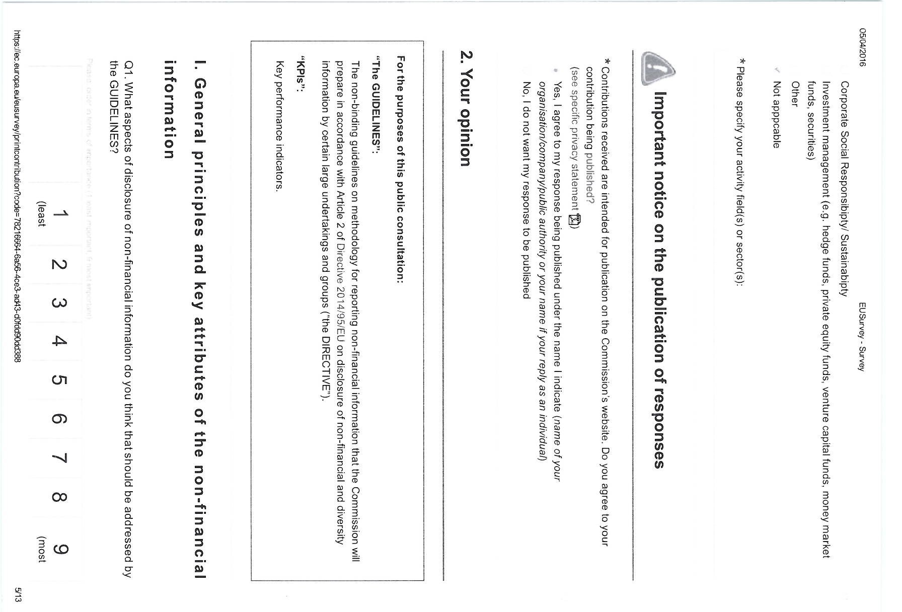 Public consultation page with important notice icon and a 1-9 numerical rating scale for answering questions.