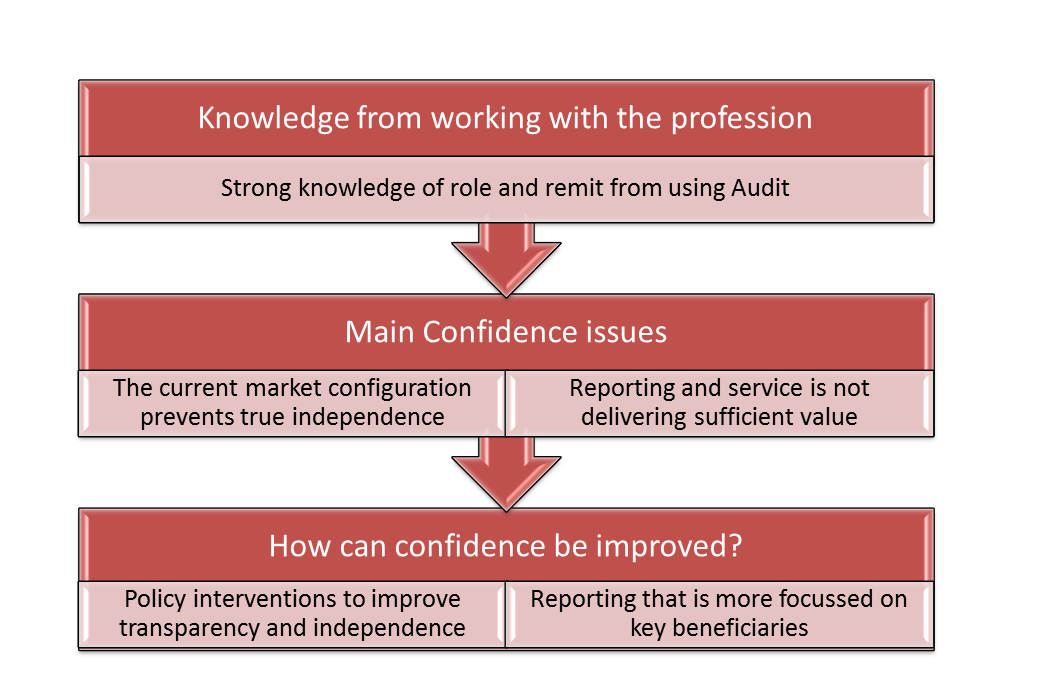 Flowchart detailing confidence issues from the perspective of those working with the audit profession, including how to improve confidence.
