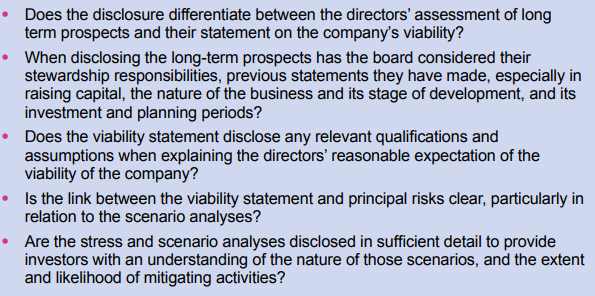 List of five questions on the disclosure of long-term prospects and viability statements, covering differentiation, board considerations, assumptions, risk linkages, and scenario analysis details.