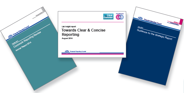 Three report covers: "Corporate Reporting Review", "Towards Clear & Concise Reporting", and "Guidance on the Strategic Report"
