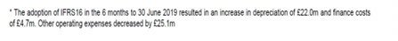 Text describing the impact of IFRS 16 adoption in 6 months to June 2019, resulting in increased depreciation and finance costs, and decreased other operating expenses.