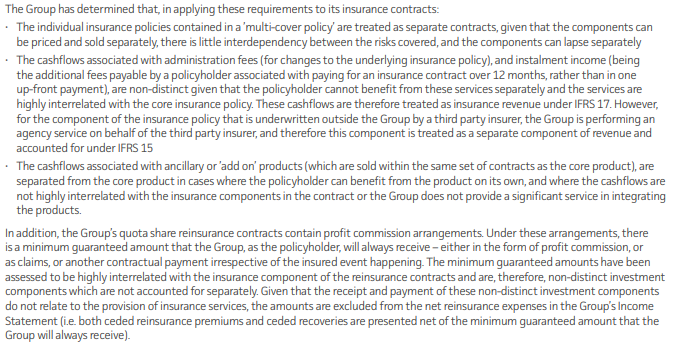 Text discussing requirements for insurance contracts, multi-cover policies, cashflows, and reinsurance implications under IFRS 17 and 15.
