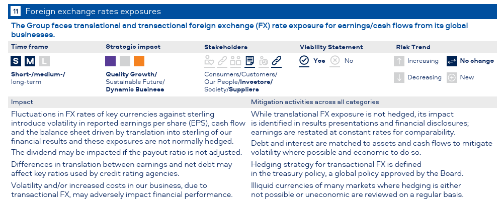 Table detailing foreign exchange rate exposures, including time frame, strategic impact, stakeholders, viability, risk trend, specific impacts, and mitigation activities.