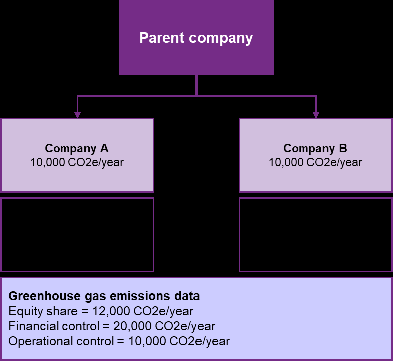 Organizational chart showing parent company with two subsidiaries (Company A & B) and their CO2e emissions, plus detailed greenhouse gas emissions data by control type.