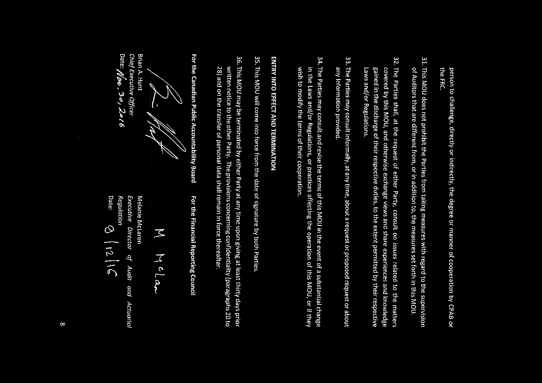 Page 8 of document, showing signatures of Brian A. Hunt and Melanie McLaran, signifying agreement to the MOU.