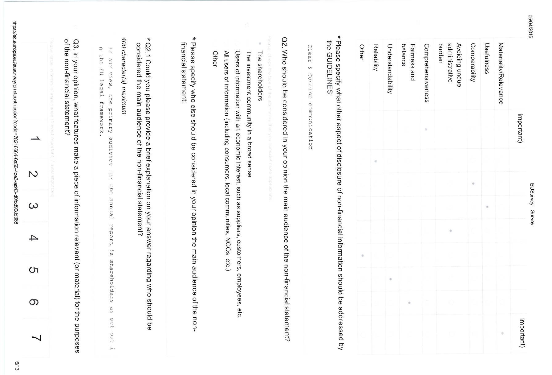 Public consultation page with multiple choice options for statement audience and aspects of disclosure, plus a 1-7 numerical rating scale.