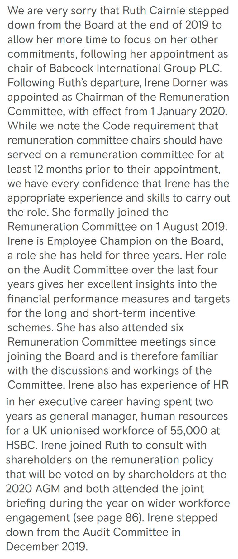 Text detailing Ruth Cairnie's departure from the Board and Irene Dorner's appointment as Chairman of the Remuneration Committee, along with her experience and roles on other committees.