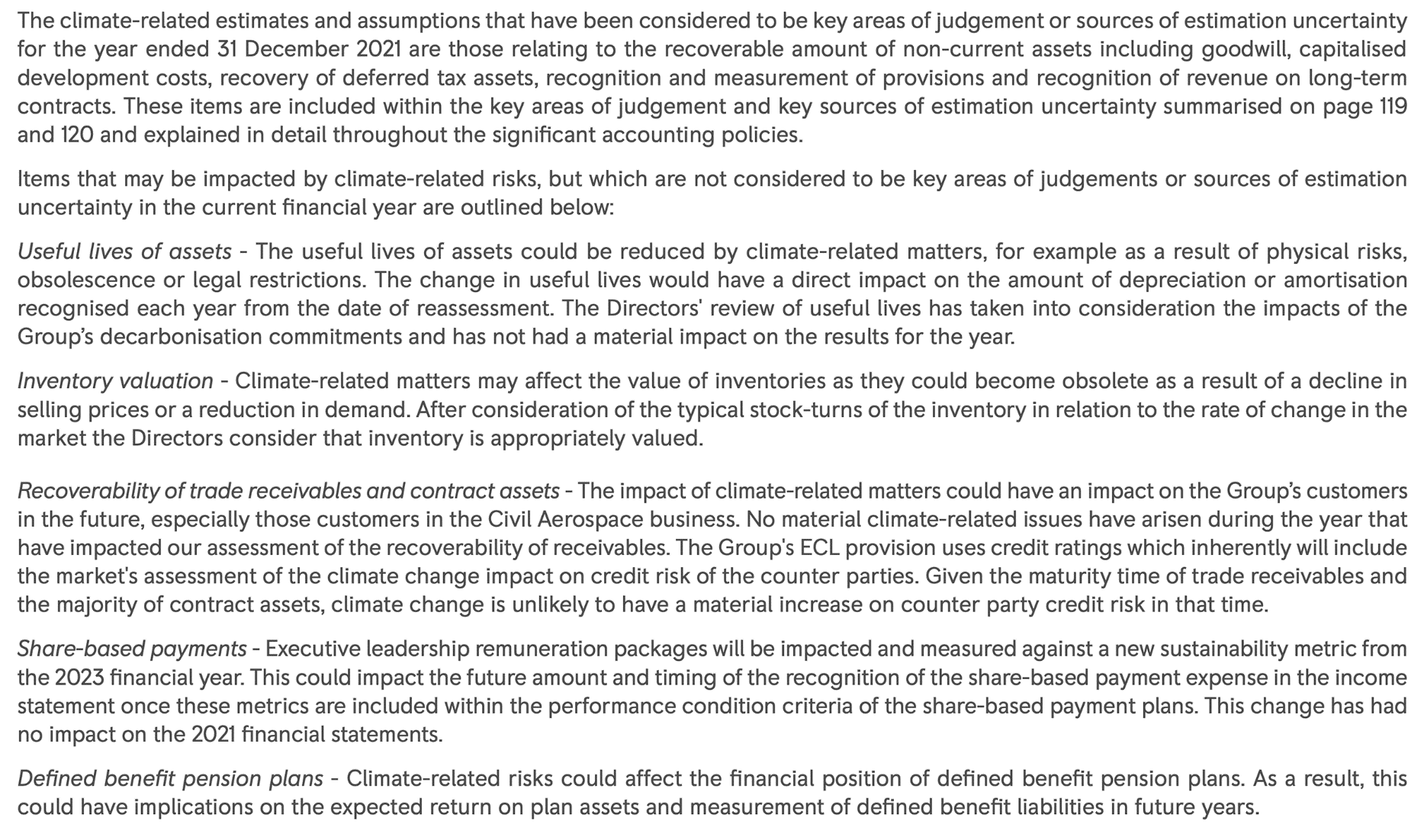 Text block detailing climate-related risks and assumptions impacting useful lives of assets, inventory valuation, trade receivables, share-based payments, and pension plans.
