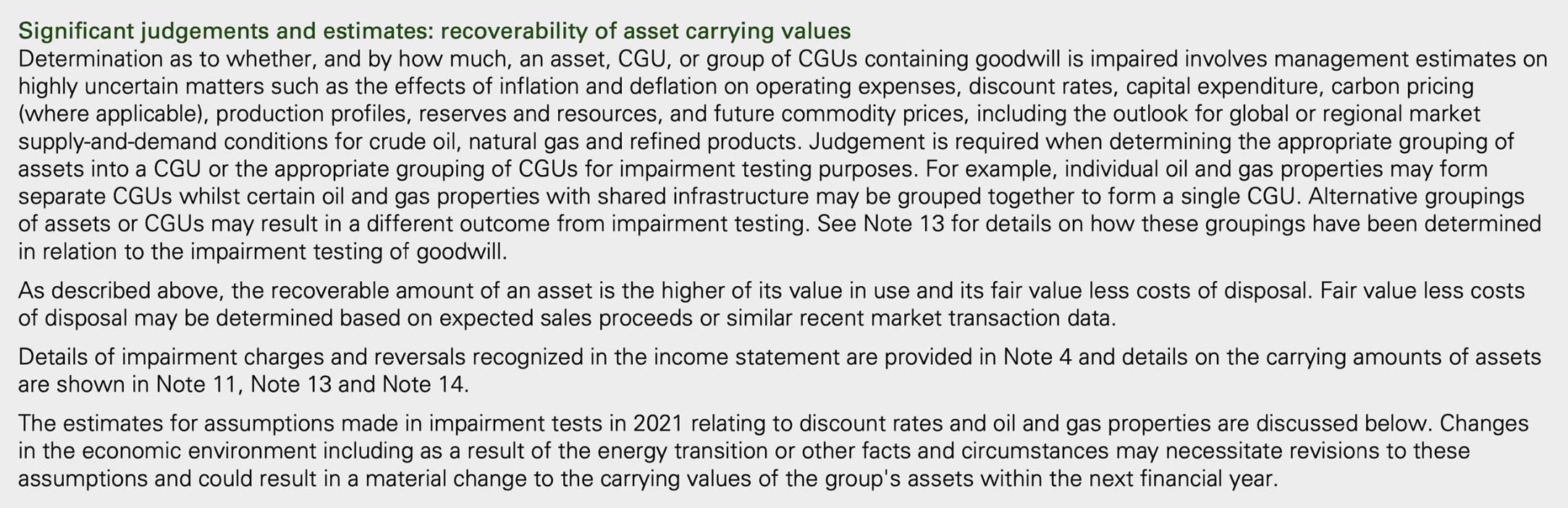 Text block discussing significant judgements and estimates for recoverability of asset carrying values.