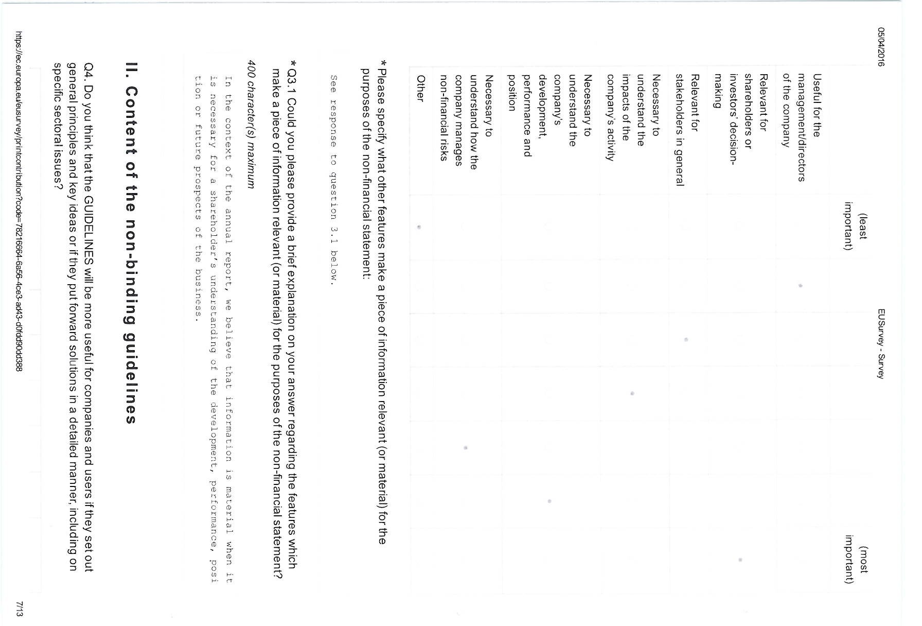 Public consultation page with multiple choice options regarding usefulness and relevance of information, plus a 1-7 numerical rating scale.
