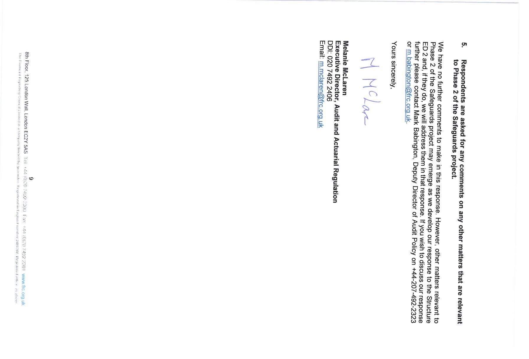 Concluding page with signature of Melanie McLaren, Executive Director, Audit and Actuarial Regulation.