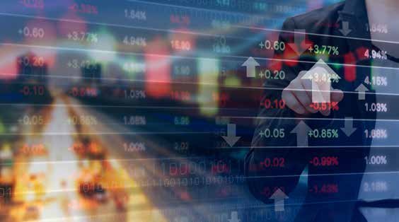 Hand interacting with a digital display showing stock market data, financial percentages, and upward/downward trend arrows.