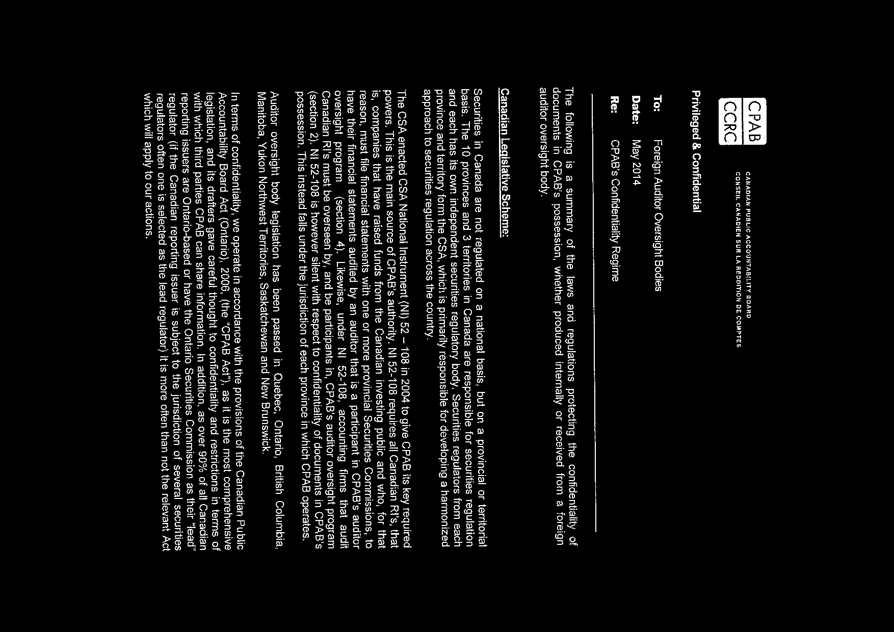 Appendix page detailing the Canadian legislative scheme regarding confidentiality.