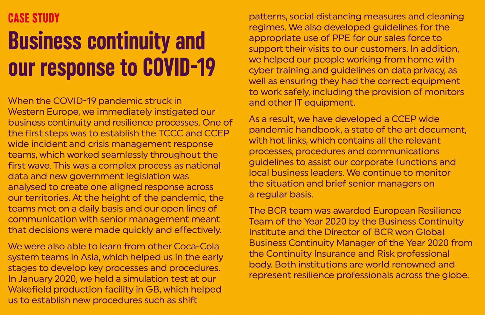 Case study text titled "Business continuity and our response to COVID-19", describing pandemic response, CEEP, and resilience efforts.