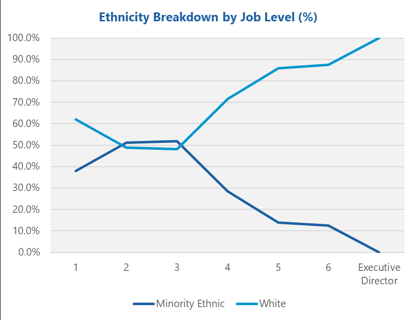 Line graph showing ethnicity breakdown by job level. The percentage of White employees increases with job seniority, while Minority Ethnic employee percentage decreases.
