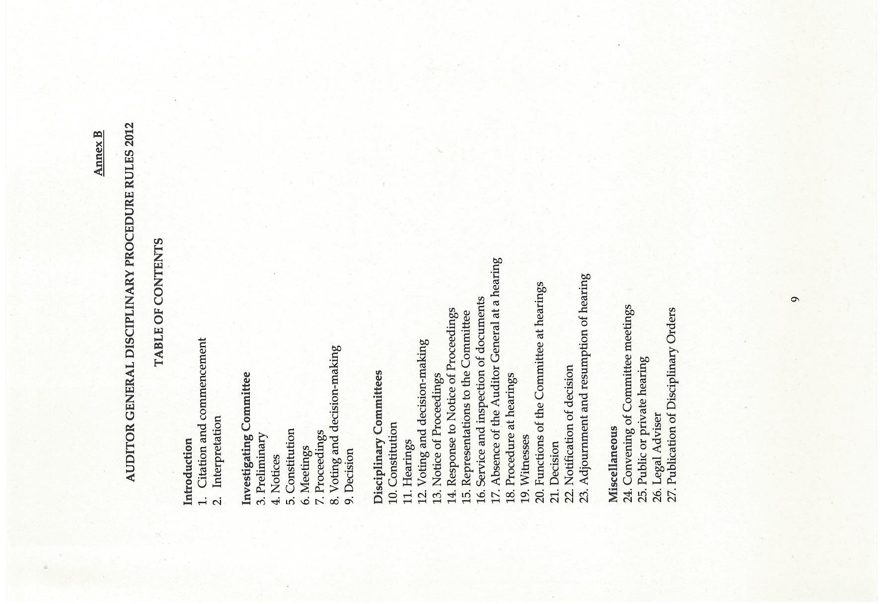 Table of Contents for the Auditor General Disciplinary Procedure Rules 2012 listing sections