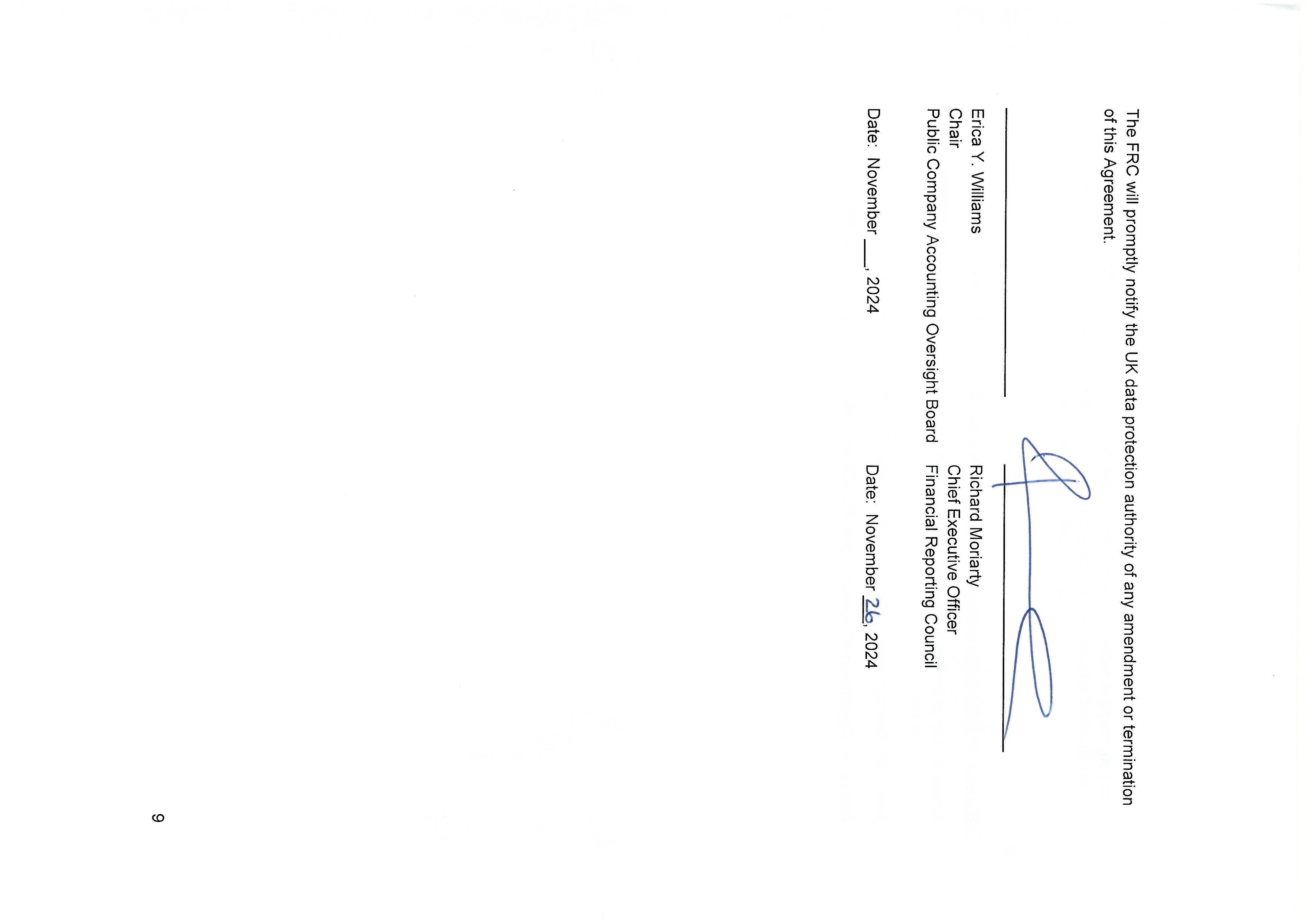 Signatures of Erica Y. Williams, Chair of PCAOB, and Richard Moriarty, CEO of FRC, with their names, titles, organizations, and signing dates.
