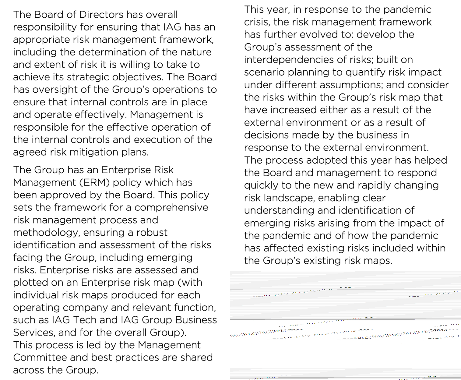 Text discussing the Board of Directors' responsibility for IAG's risk management framework and the Group's Enterprise Risk Management (ERM) policy.