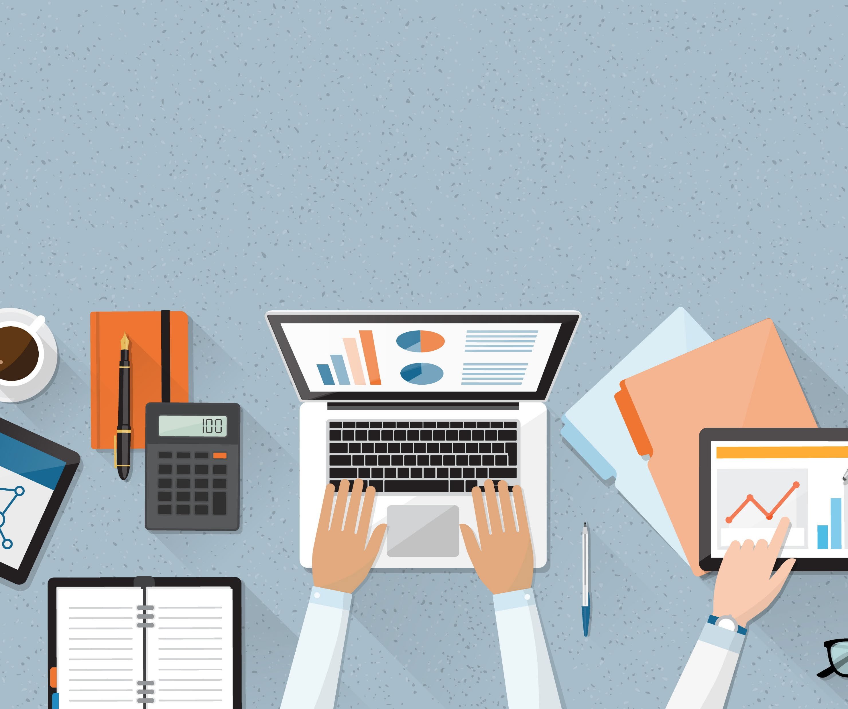 Overhead illustration of a person working on a laptop displaying charts, surrounded by a tablet with a graph, calculator, and other office items.