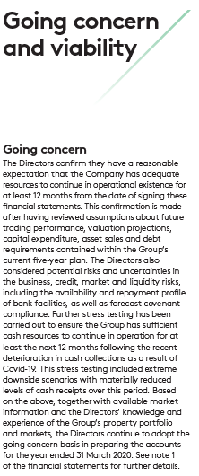 Text discussing the company's going concern and viability assessment, confirming adequate resources, detailing stress testing, and impact of Covid-19.