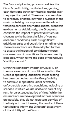 Text detailing the financial planning process, including sensitivity analysis, macro-economic environments, potential structural changes, and Covid-19 stress-testing for viability scenarios.